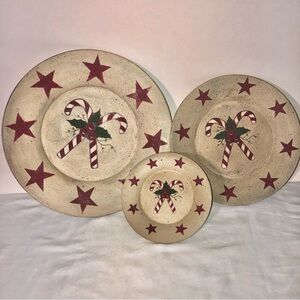 Set of 3 Decorative Christmas Candy Cane Plates, painted speckled wood,primitive